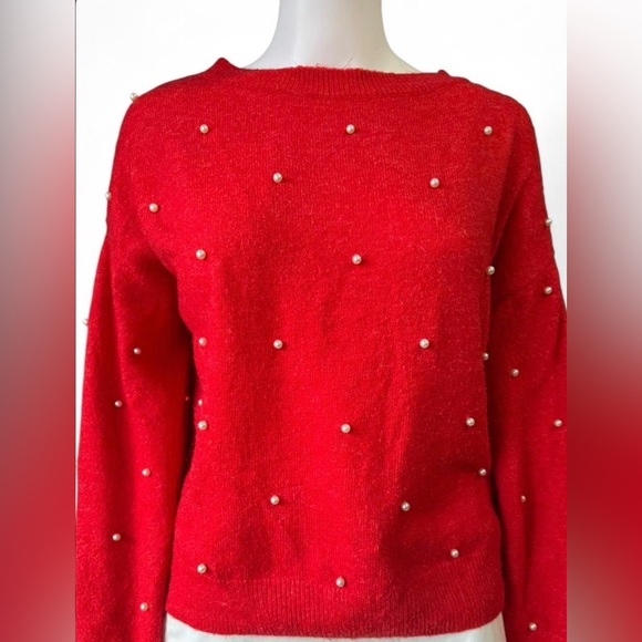 H&M Red Crewneck Sweater with Pearl Accents - Picture 3 of 4